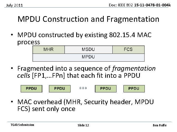 Doc: IEEE 802 15 -11 -0478 -01 -004 k July 2011 MPDU Construction and