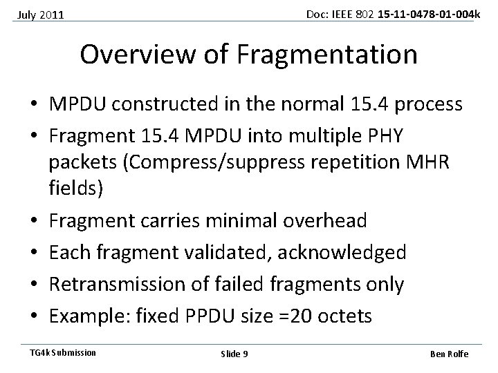 Doc: IEEE 802 15 -11 -0478 -01 -004 k July 2011 Overview of Fragmentation