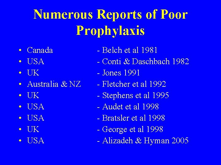 Numerous Reports of Poor Prophylaxis • • • Canada USA UK Australia & NZ