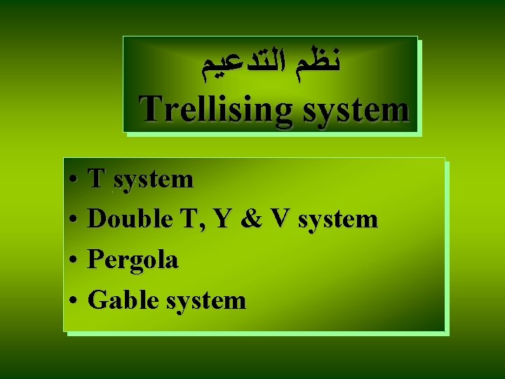  ﻧﻈﻢ ﺍﻟﺘﺪﻋﻴﻢ Trellising system • T system • Double T, Y & V