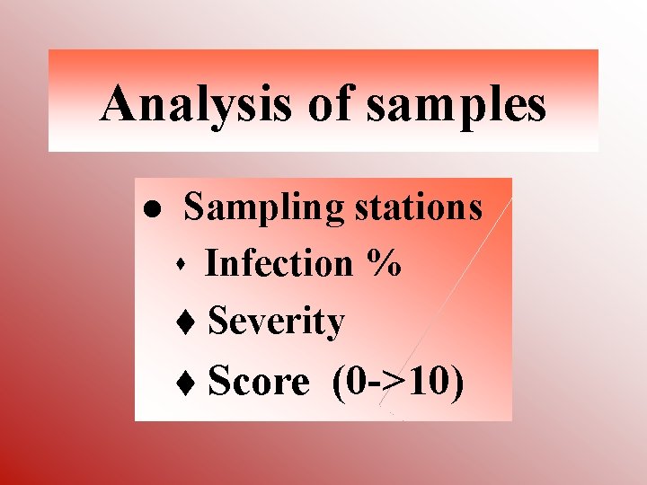 Analysis of samples l Sampling stations s Infection % t Severity t Score (0