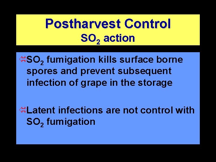 Postharvest Control SO 2 action óSO 2 fumigation kills surface borne spores and prevent