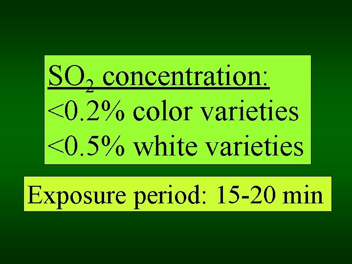 SO 2 concentration: <0. 2% color varieties <0. 5% white varieties Exposure period: 15