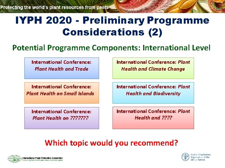 IYPH 2020 - Preliminary Programme Considerations (2) Potential Programme Components: International Level International Conference: