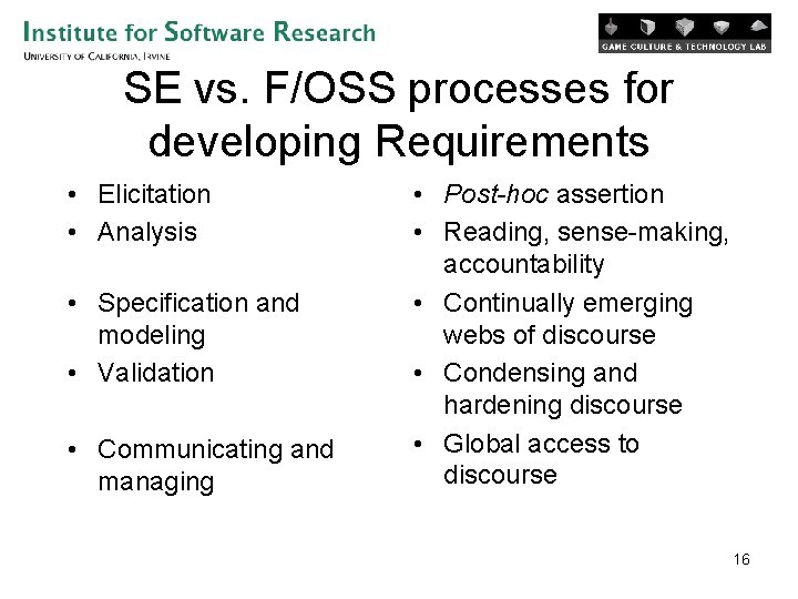 SE vs. F/OSS processes for developing Requirements • Elicitation • Analysis • Specification and