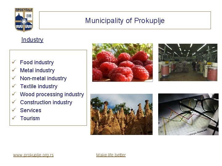 Municipality of Prokuplje Industry ü ü ü ü Food industry Metal industry Non-metal industry