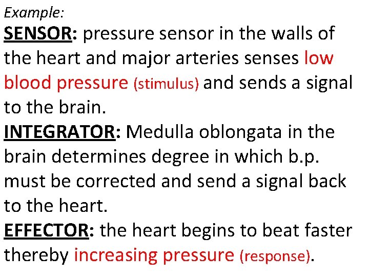 Example: SENSOR: pressure sensor in the walls of the heart and major arteries senses