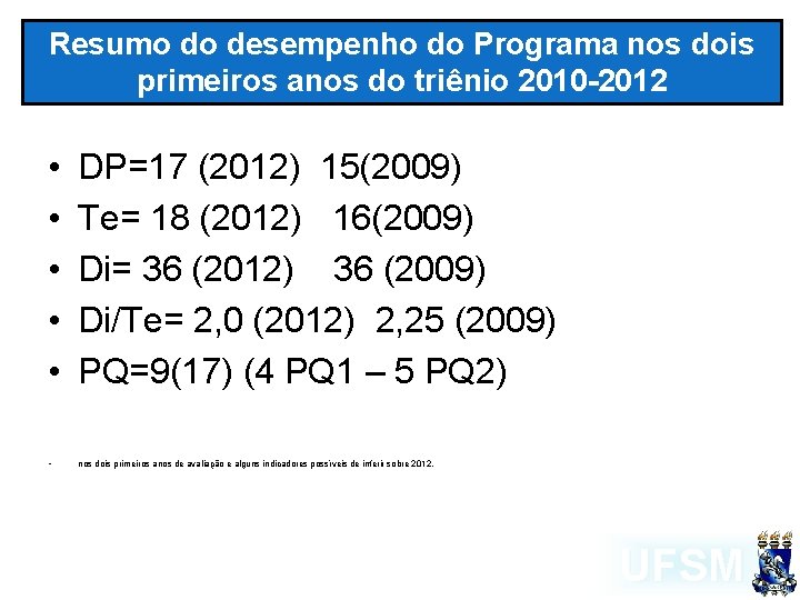 Resumo do desempenho do Programa nos dois primeiros anos do triênio 2010 -2012 •