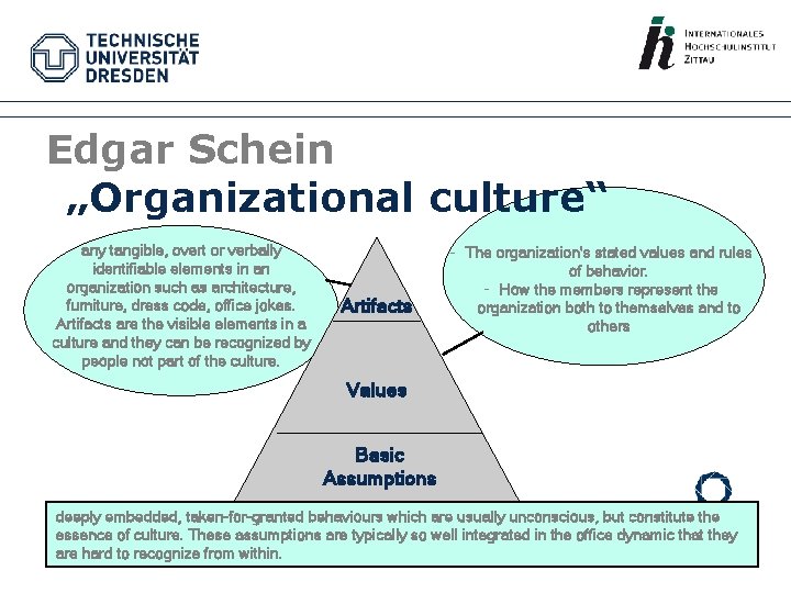 Edgar Schein „Organizational culture“ any tangible, overt or verbally identifiable elements in an organization