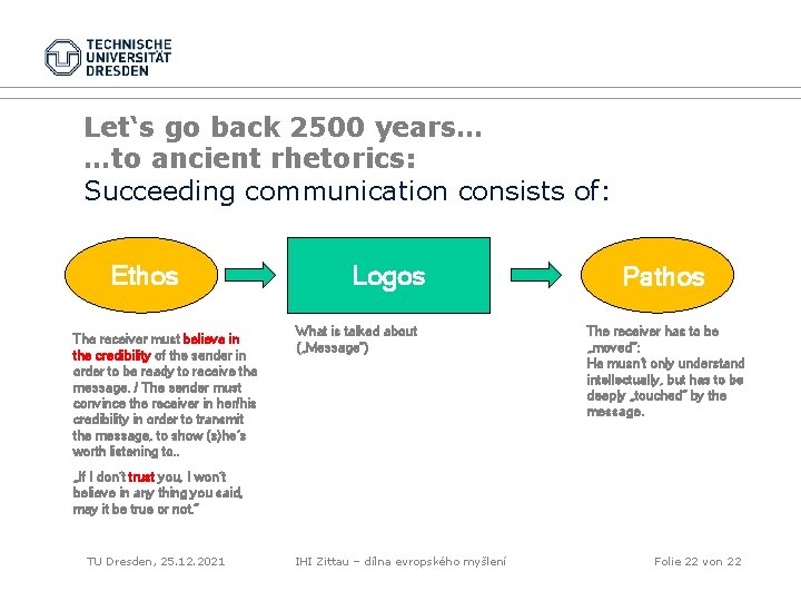 Let‘s go back 2500 years… …to ancient rhetorics: Succeeding communication consists of: Ethos The