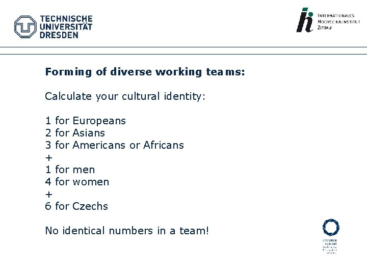 Forming of diverse working teams: Calculate your cultural identity: 1 for 2 for 3