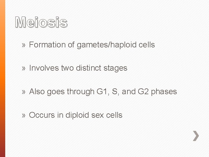 Meiosis » Formation of gametes/haploid cells » Involves two distinct stages » Also goes