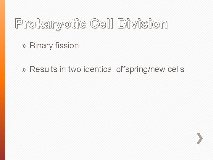 Prokaryotic Cell Division » Binary fission » Results in two identical offspring/new cells 