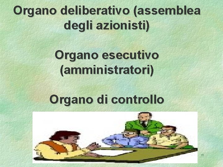 Organo deliberativo (assemblea degli azionisti) Organo esecutivo (amministratori) Organo di controllo 15 