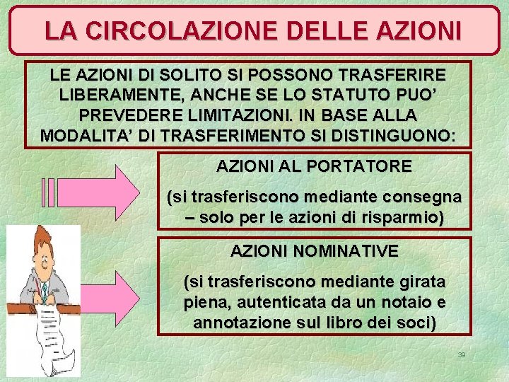 LA CIRCOLAZIONE DELLE AZIONI DI SOLITO SI POSSONO TRASFERIRE LIBERAMENTE, ANCHE SE LO STATUTO