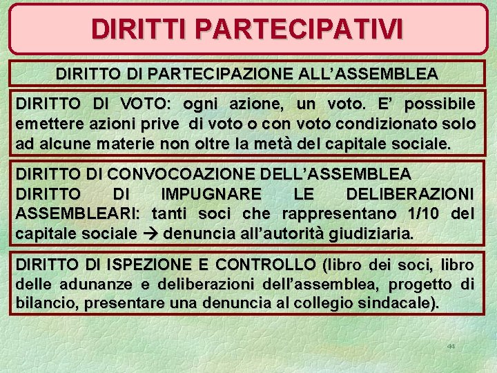 DIRITTI PARTECIPATIVI DIRITTO DI PARTECIPAZIONE ALL’ASSEMBLEA DIRITTO DI VOTO: ogni azione, un voto. E’