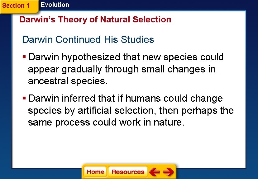 Section 1 Evolution Darwin’s Theory of Natural Selection Darwin Continued His Studies § Darwin Section 1 Evolution Darwin’s Theory of Natural Selection Darwin Continued His Studies § Darwin