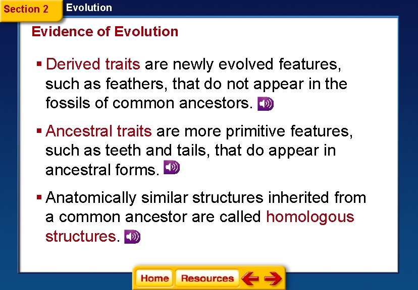 Section 2 Evolution Evidence of Evolution § Derived traits are newly evolved features, such Section 2 Evolution Evidence of Evolution § Derived traits are newly evolved features, such