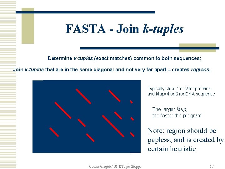 FASTA - Join k-tuples Determine k-tuples (exact matches) common to both sequences; Join k-tuples