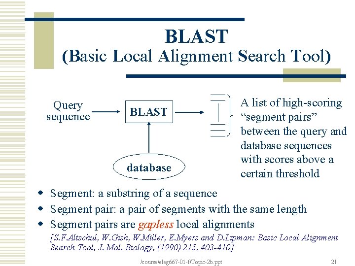 BLAST (Basic Local Alignment Search Tool) Query sequence BLAST database A list of high-scoring