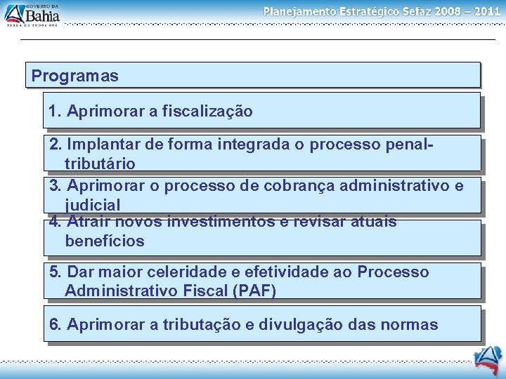 Programas 1. Aprimorar a fiscalização 2. Implantar de forma integrada o processo penaltributário 3.