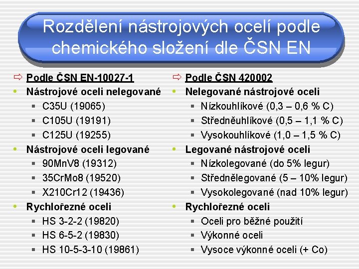 Rozdělení nástrojových ocelí podle chemického složení dle ČSN EN ð Podle ČSN EN-10027 -1