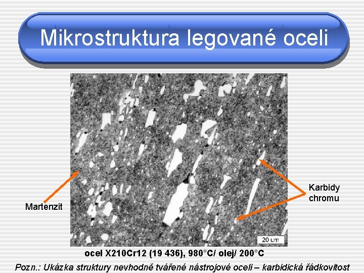 Mikrostruktura legované oceli Karbidy chromu Martenzit ocel X 210 Cr 12 (19 436), 980°C/