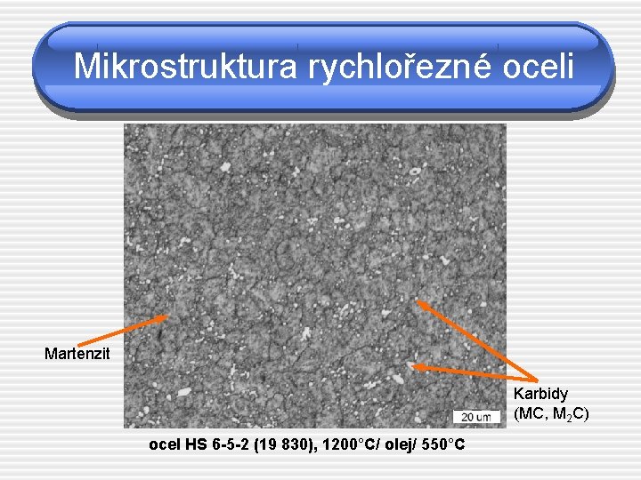 Mikrostruktura rychlořezné oceli Martenzit Karbidy (MC, M 2 C) ocel HS 6 -5 -2