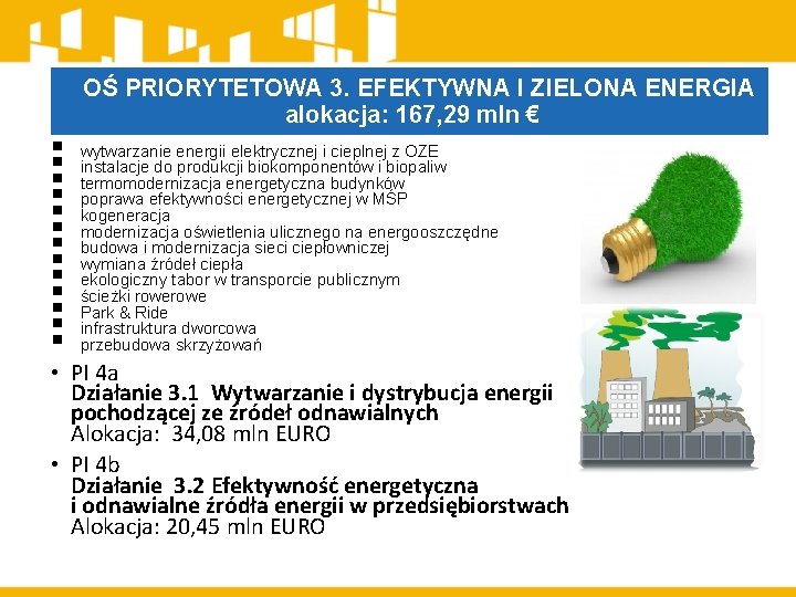 OŚ PRIORYTETOWA 3. EFEKTYWNA I ZIELONA ENERGIA alokacja: 167, 29 mln € § §