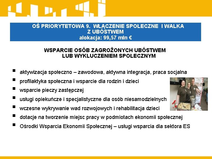 OŚ PRIORYTETOWA 9. WŁĄCZENIE SPOŁECZNE I WALKA Z UBÓSTWEM alokacja: 99, 57 mln €