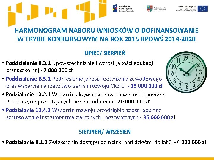 HARMONOGRAM NABORU WNIOSKÓW O DOFINANSOWANIE W TRYBIE KONKURSOWYM NA ROK 2015 RPOWŚ 2014 -2020