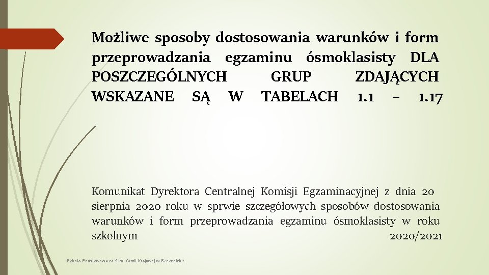 Możliwe sposoby dostosowania warunków i form przeprowadzania egzaminu ósmoklasisty DLA POSZCZEGÓLNYCH GRUP ZDAJĄCYCH WSKAZANE