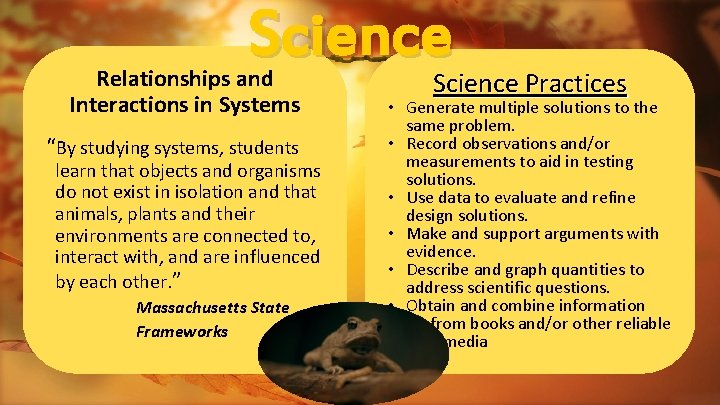 Science Relationships and Interactions in Systems “By studying systems, students learn that objects and