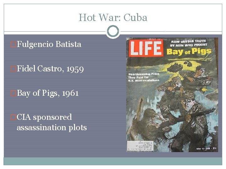 Hot War: Cuba �Fulgencio Batista �Fidel Castro, 1959 �Bay of Pigs, 1961 �CIA sponsored