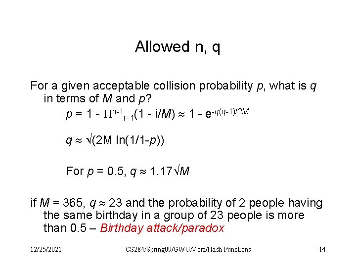 Allowed n, q For a given acceptable collision probability p, what is q in