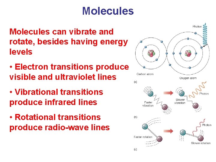 Molecules can vibrate and rotate, besides having energy levels • Electron transitions produce visible