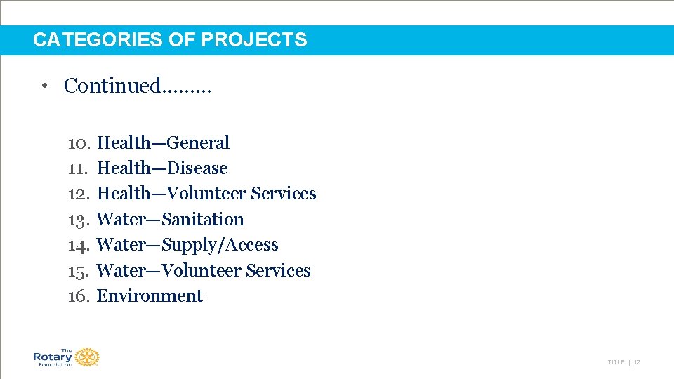 CATEGORIES OF PROJECTS • Continued……… 10. Health—General 11. Health—Disease 12. Health—Volunteer Services 13. Water—Sanitation