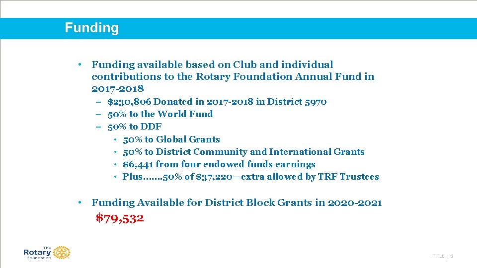 Funding • Funding available based on Club and individual contributions to the Rotary Foundation