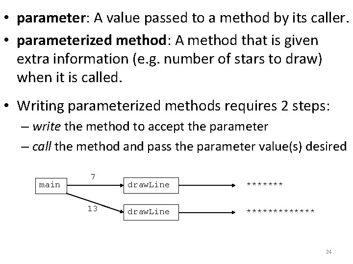  • parameter: A value passed to a method by its caller. • parameterized