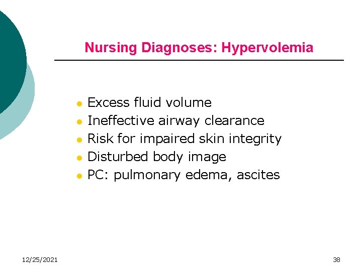 Nursing Diagnoses: Hypervolemia l l l 12/25/2021 Excess fluid volume Ineffective airway clearance Risk