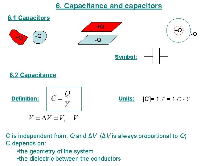 6. Capacitance and capacitors 6. 1 Capacitors +Q +Q -Q Symbol: 6. 2 Capacitance