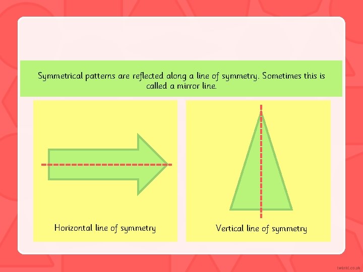 Symmetrical patterns are reflected along a line of symmetry. Sometimes this is called a