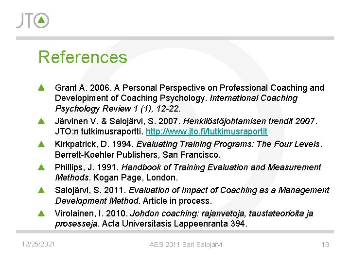 References Grant A. 2006. A Personal Perspective on Professional Coaching and Developiment of Coaching