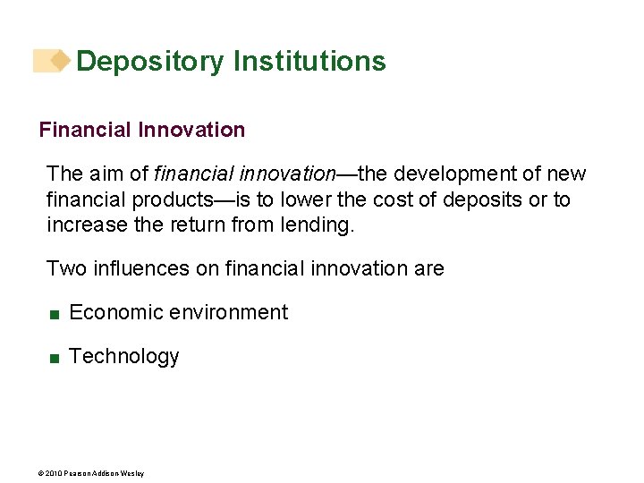 Depository Institutions Financial Innovation The aim of financial innovation—the development of new financial products—is