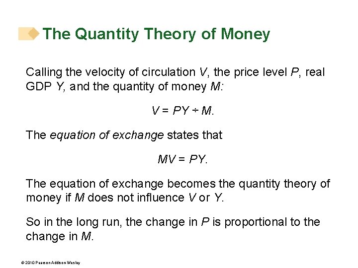 The Quantity Theory of Money Calling the velocity of circulation V, the price level