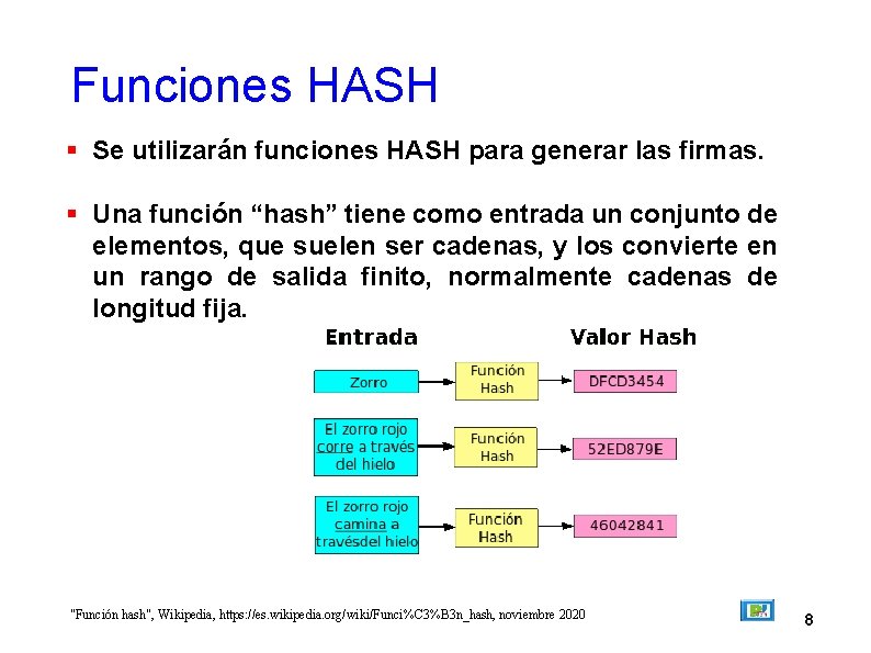 Funciones HASH Se utilizarán funciones HASH para generar las firmas. Una función “hash” tiene