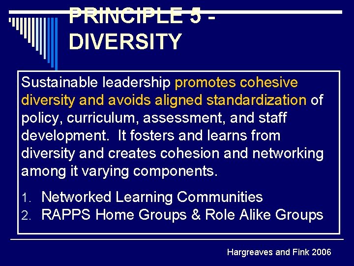 PRINCIPLE 5 DIVERSITY Sustainable leadership promotes cohesive diversity and avoids aligned standardization of policy,
