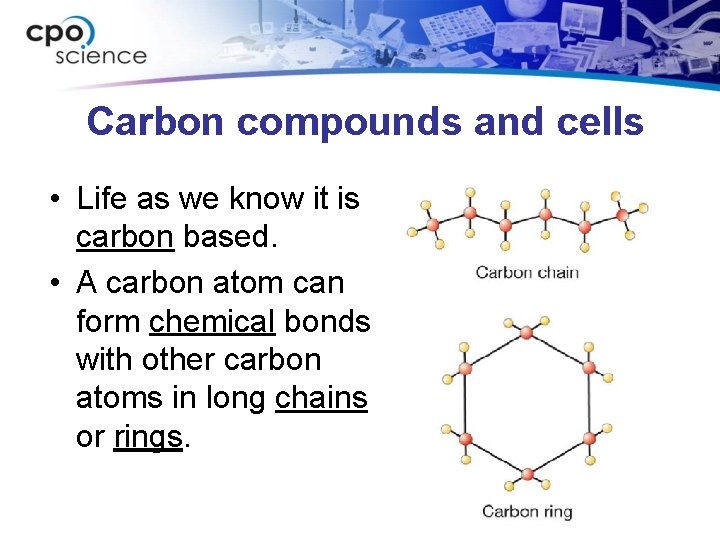 Carbon compounds and cells • Life as we know it is carbon based. •