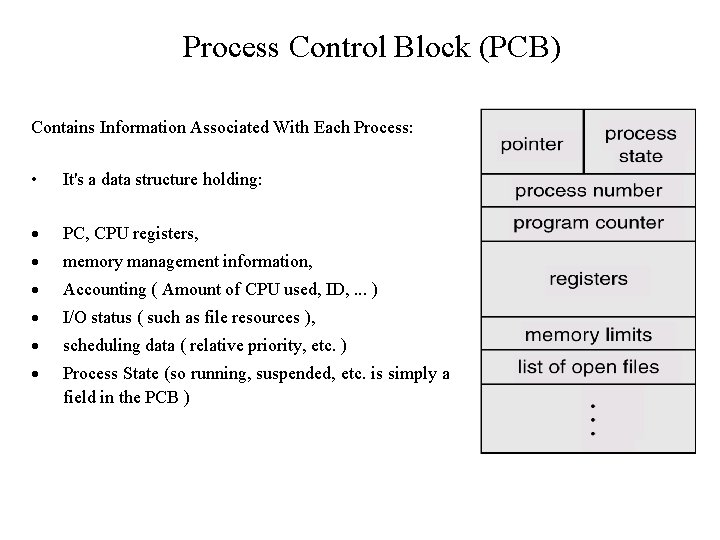 Process Control Block (PCB) Contains Information Associated With Each Process: • It's a data