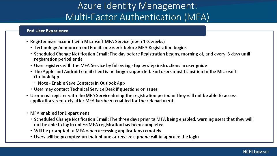 Azure Identity Management: Multi-Factor Authentication (MFA) End User Experience • Register user account with